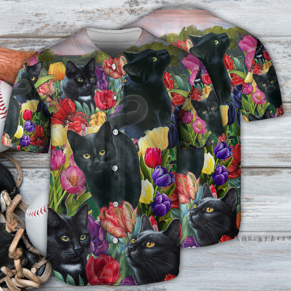 Black Cat Love Flowers Colorfull - Baseball Jersey - Owls Matrix LTD