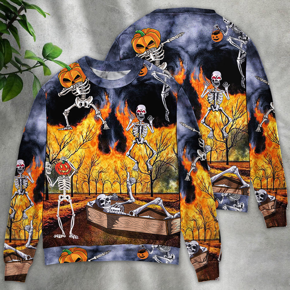 Halloween Skeleton Party Pumpkin Burning Scary - Sweater - Ugly Christmas Sweaters - Owls Matrix LTD