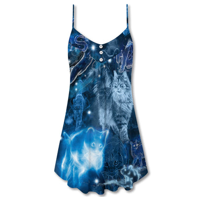 Cat Love Blue Neon Stunning - V-neck Sleeveless Cami Dress - Owls Matrix LTD