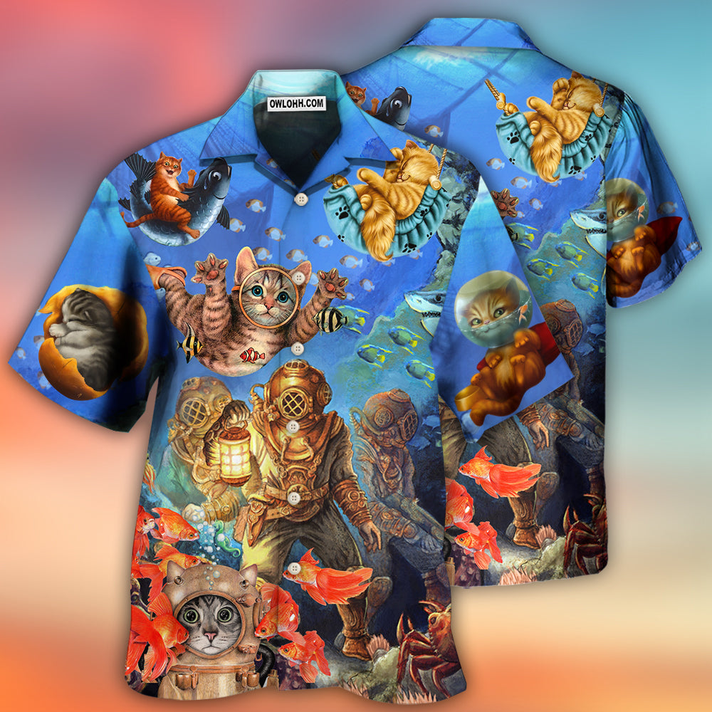 Diving Cat Under The Sea Art Style - Hawaiian Shirt - Owls Matrix LTD