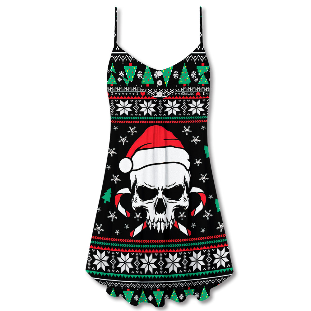 Christmas Skull Wearing Santa Claus Hat And Sweat Candy - V-neck Sleeveless Cami Dress - Owls Matrix LTD