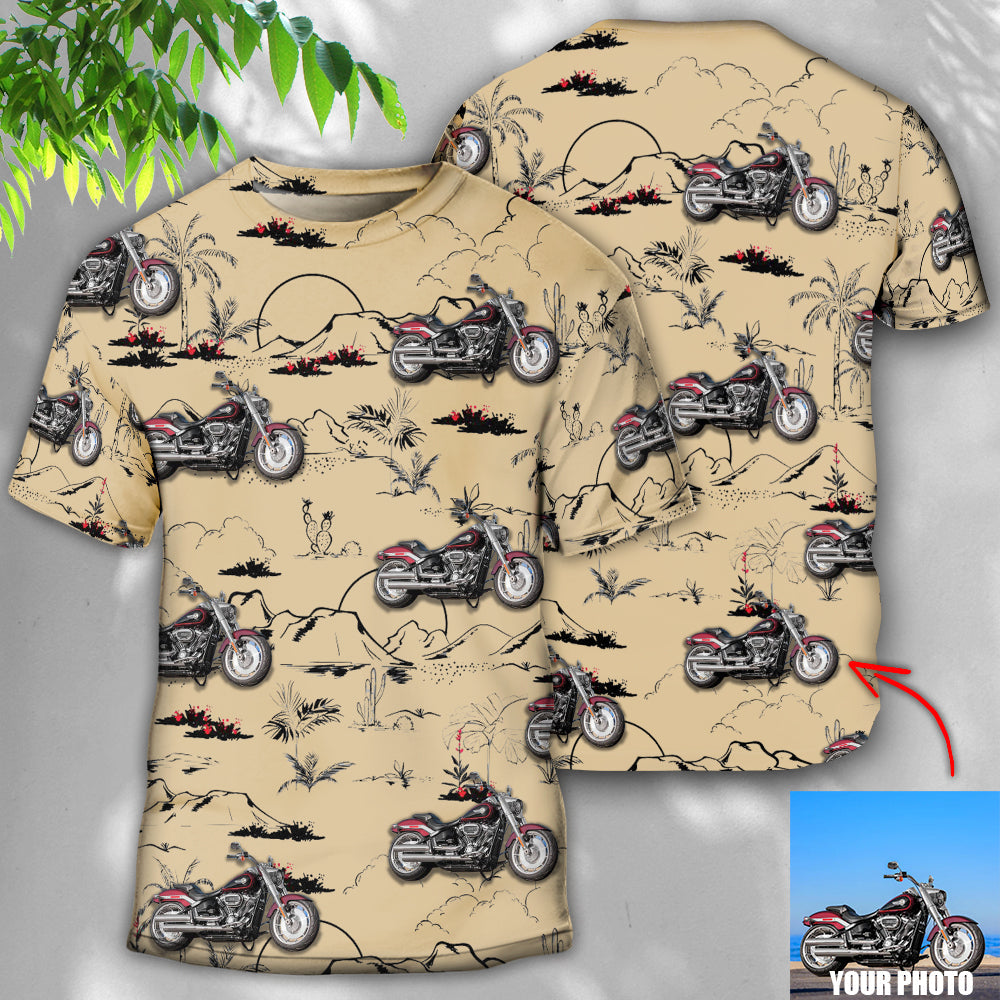 Motorcycle Desert Catus Mountain Flower Custom Photo - Round Neck T-shirt - Owls Matrix LTD