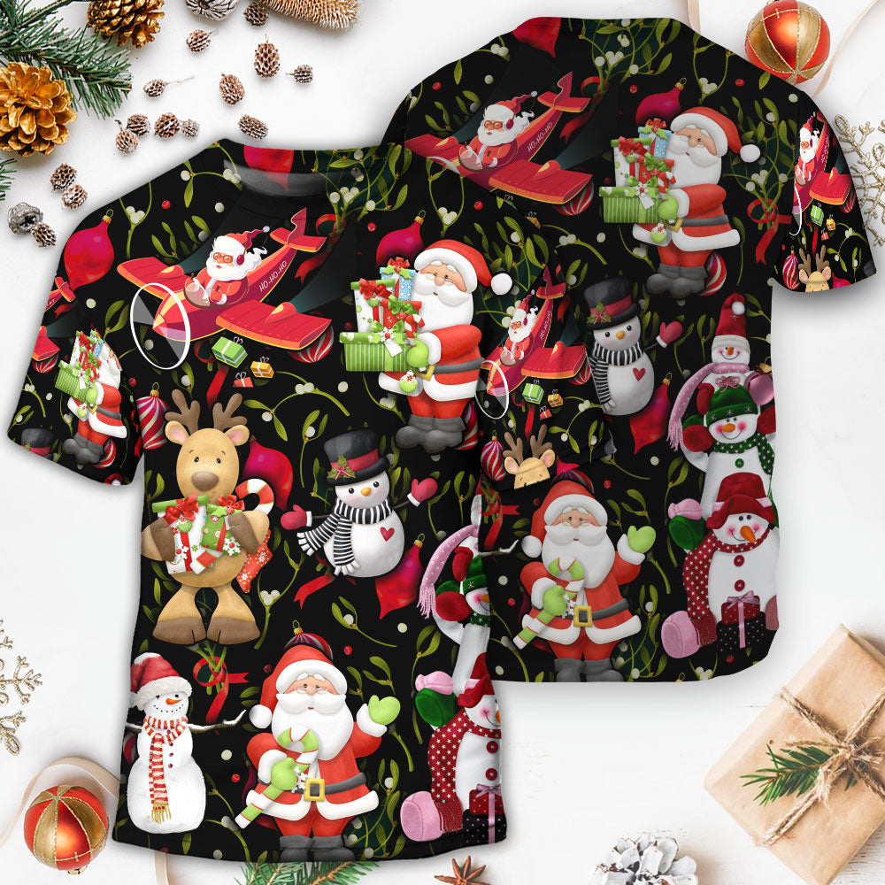 Christmas Joyful Santa Snowman Merry Xmas - Round Neck T-shirt - Owls Matrix LTD