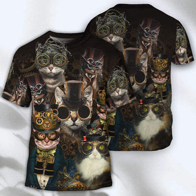 Cat Steampunk Art Machines Lover - Round Neck T-shirt - Owls Matrix LTD