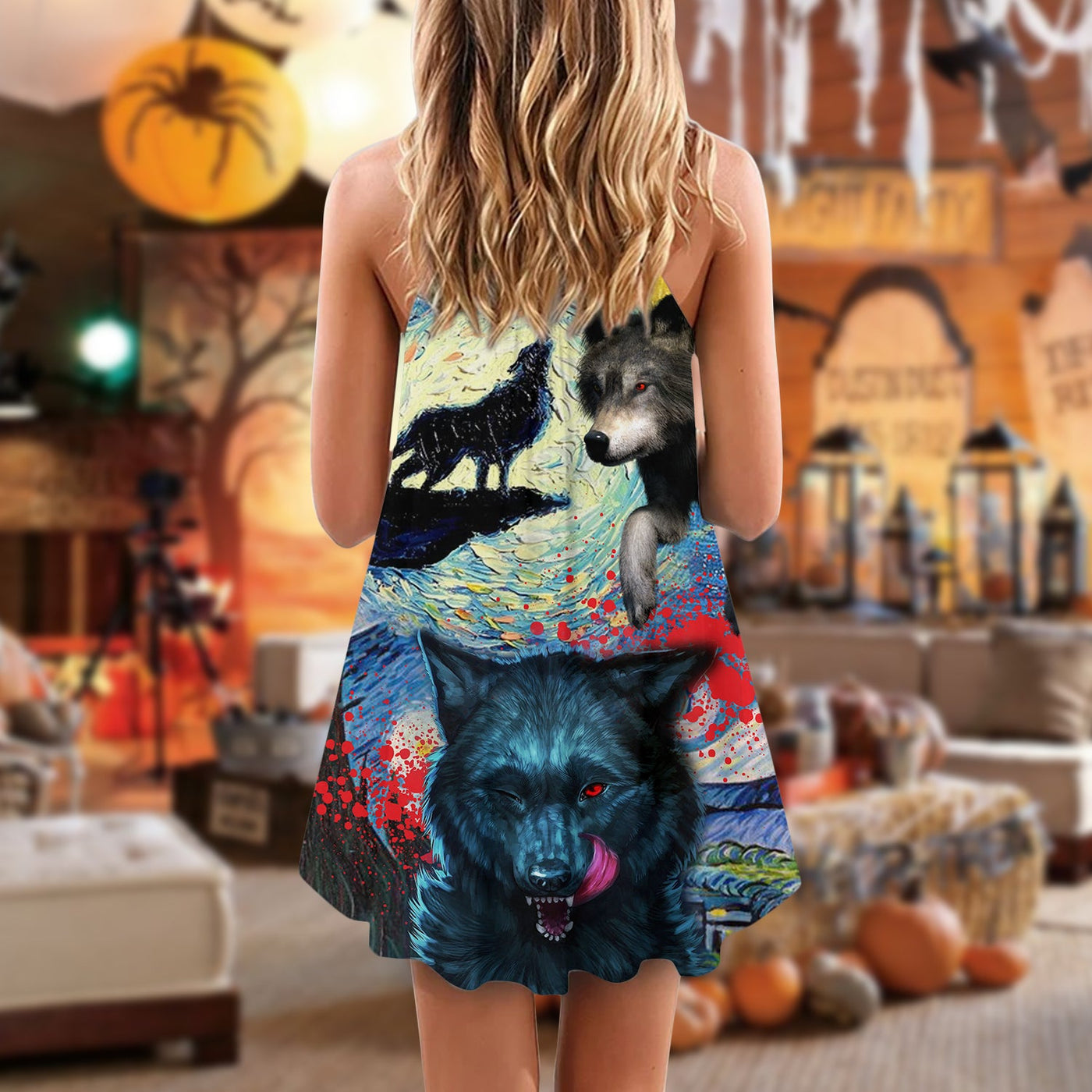 Halloween Black Wolf Crazy Starry Night Blood Art Style - V-neck Sleeveless Cami Dress - Owls Matrix LTD