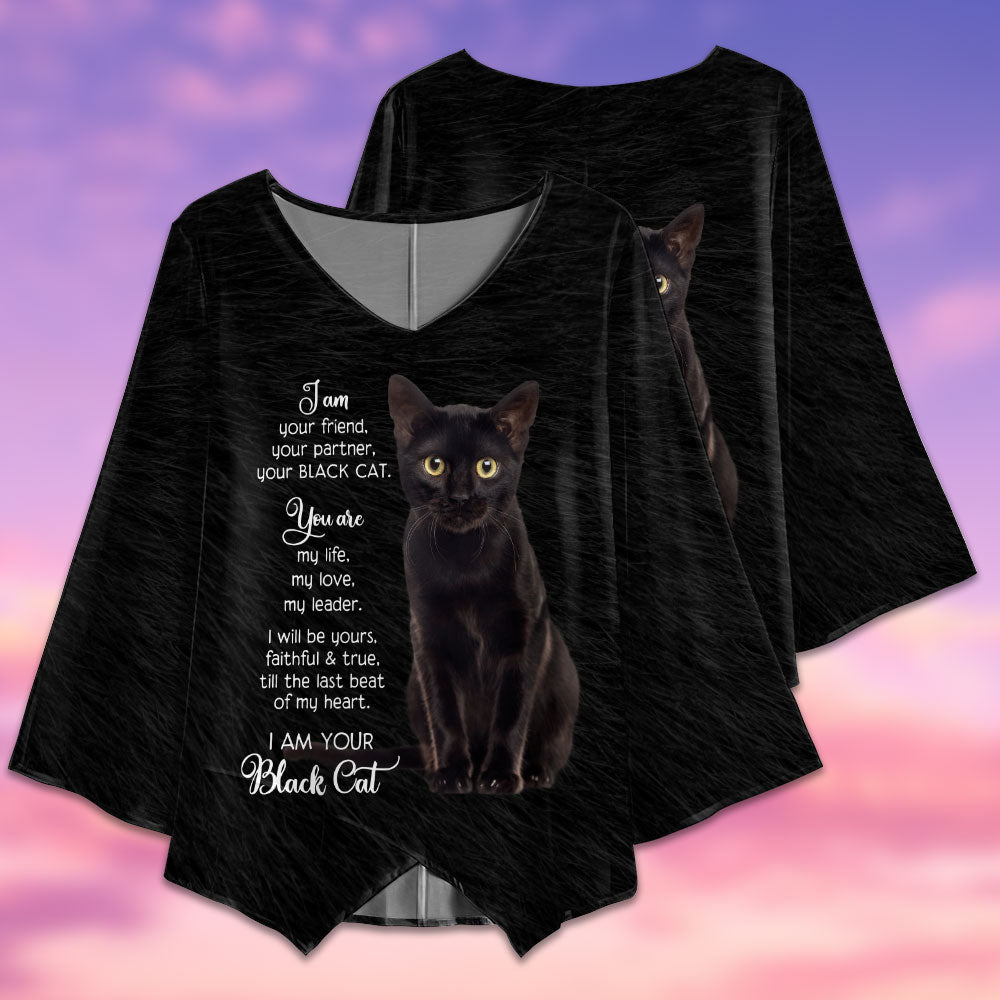 Black Cat I Am Your Friend - V-neck T-shirt - Owls Matrix LTD