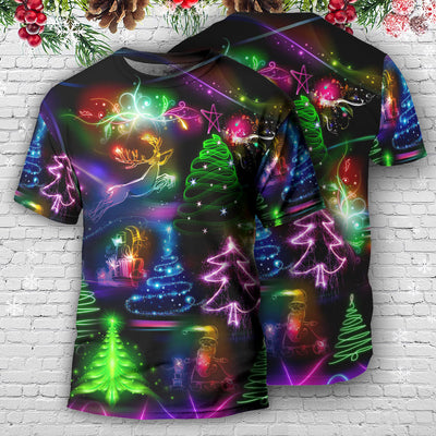 Christmas Neon Art Christmas Tree And Snowman Style - Round Neck T-shirt - Owls Matrix LTD