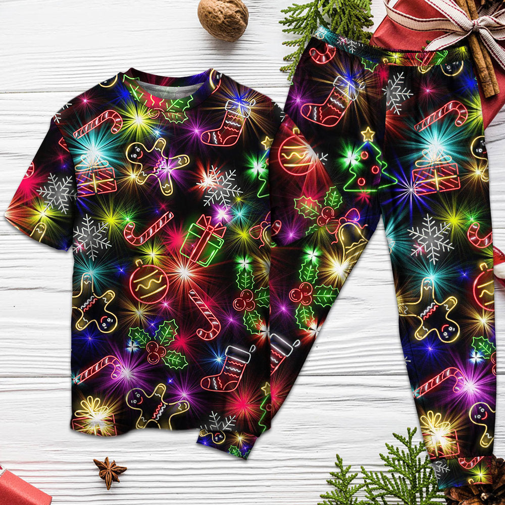 Christmas With Tree And Gift Cookies Gingerbread Man Neon Style - Pajamas Short Sleeve - Owls Matrix LTD