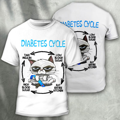 Cat Diabetes Cycle Funny - Round Neck T- shirt - Owls Matrix LTD