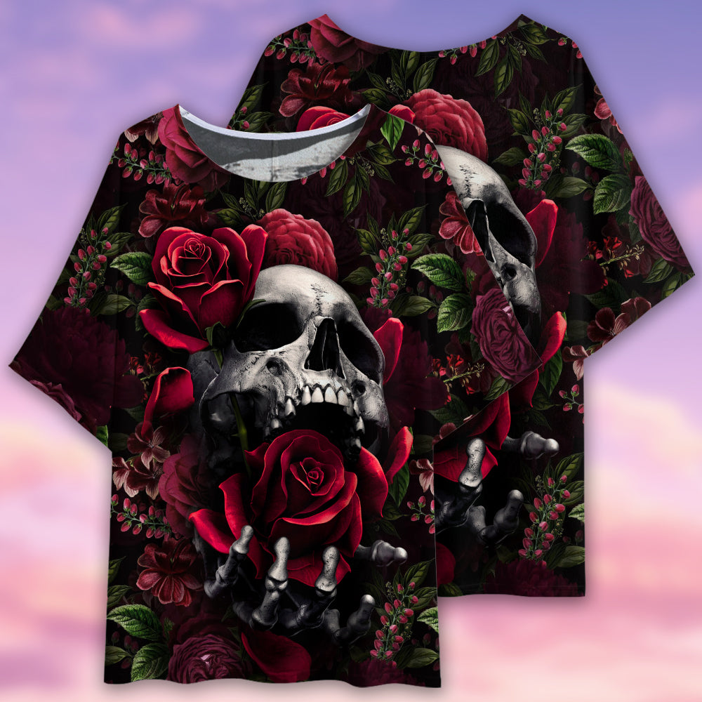 Skull Rose Dark Screaming - Women's T-shirt With Bat Sleeve - Owls Matrix LTD