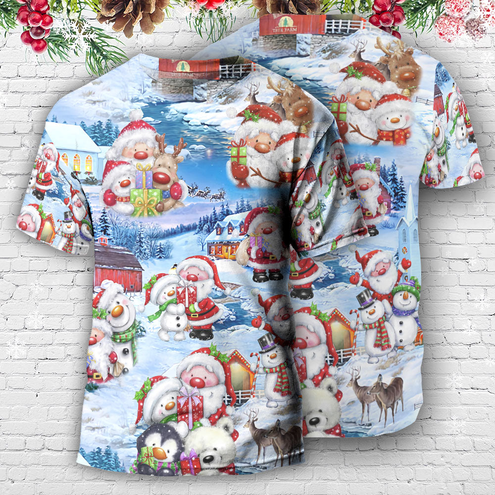 Santa And Snowman Christmas Holiday - Round Neck T-shirt - Owls Matrix LTD