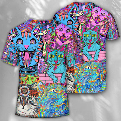 Hippie Cat Wonderful World - Round Neck T-shirt - Owls Matrix LTD