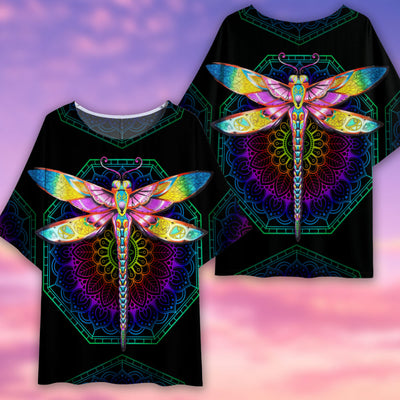 Dragonfly Colorful Mandala Art - Women's T-shirt With Bat Sleeve - Owls Matrix LTD