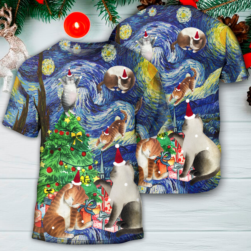 Christmas Cat Playing In Starry Night - Round Neck T-shirt - Owls Matrix LTD