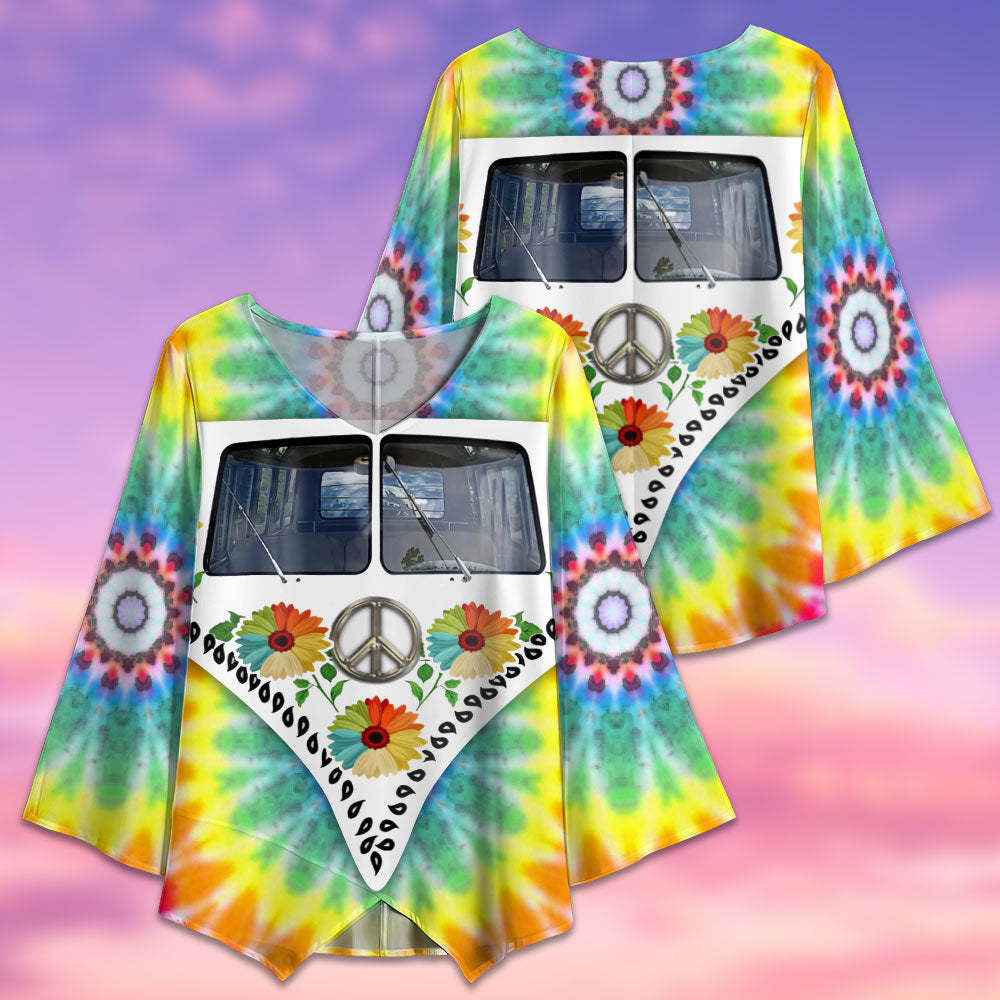 Hippie Tie Dye Bus With Sunflowers - V-neck T-shirt - Owls Matrix LTD