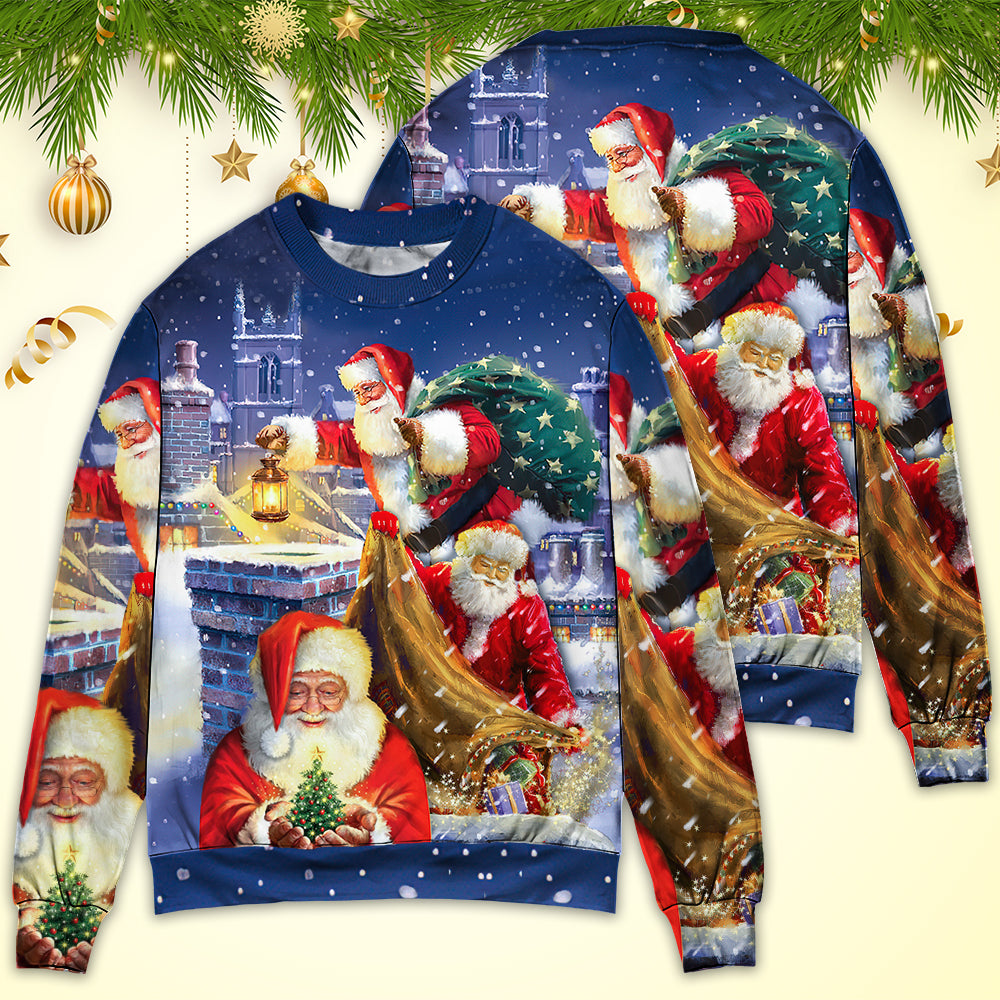 Christmas Funny Santa Claus Up On Rooftop Art Style - Sweater - Ugly Christmas Sweaters - Owls Matrix LTD
