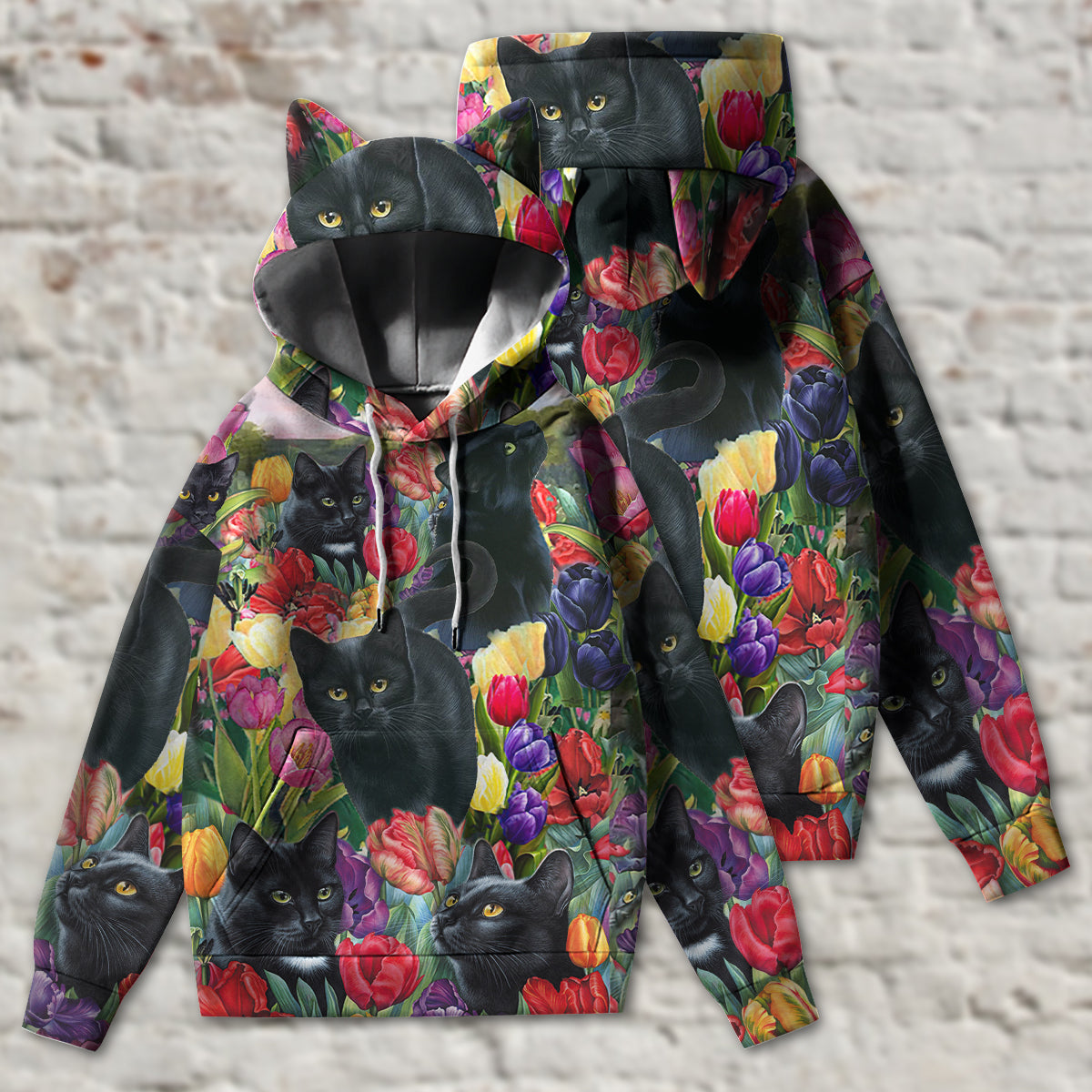 Black Cat Love Flowers Color - Ears Hoodie - Owls Matrix LTD