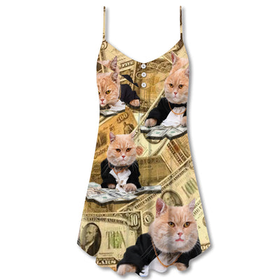 Cat Money Vintage Style - V-neck Sleeveless Cami Dress - Owls Matrix LTD