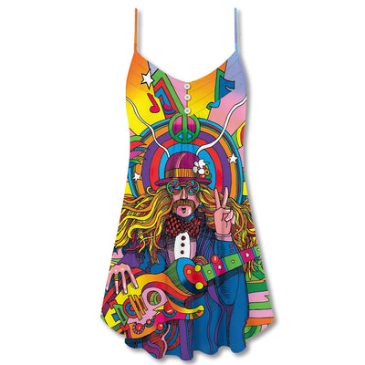 Hippie Rock Music Colorful - V-neck Sleeveless Cami Dress - Owls Matrix LTD