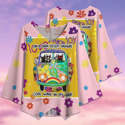 Hippie Cat On A Dark Desert Highway - V-neck T-shirt - Owls Matrix LTD