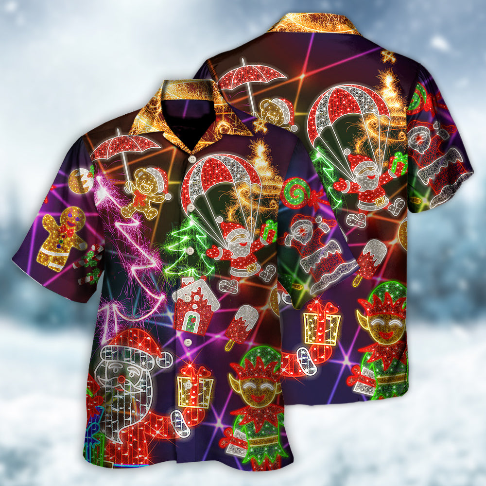 Christmas Funny Santa Claus Tree Elf Gingerbread Neon Light Style - Hawaiian Shirt - Owls Matrix LTD