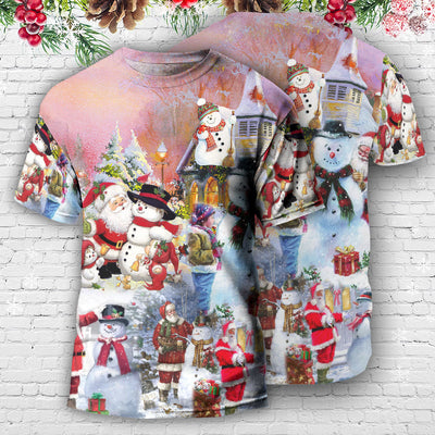 Santa And Snowman Christmas Snow Village - Round Neck T-shirt - Owls Matrix LTD