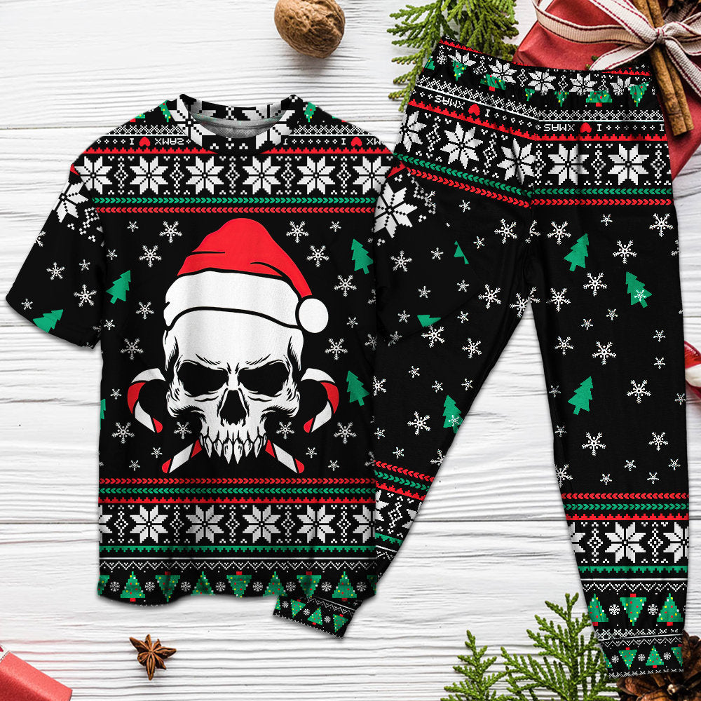 Christmas Skull Wearing Santa Claus Hat And Sweat Candy - Pajamas Short Sleeve - Owls Matrix LTD