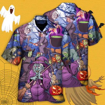 Halloween Funny Witch Pumpkin In The Magic Forest - Hawaiian Shirt - Owls Matrix LTD