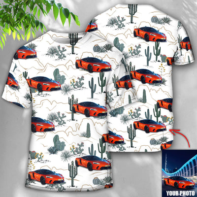 Car Desert With Mountains Blooming Cacti Opuntia And Saguaro Custom Photo - Round Neck T-shirt - Owls Matrix LTD