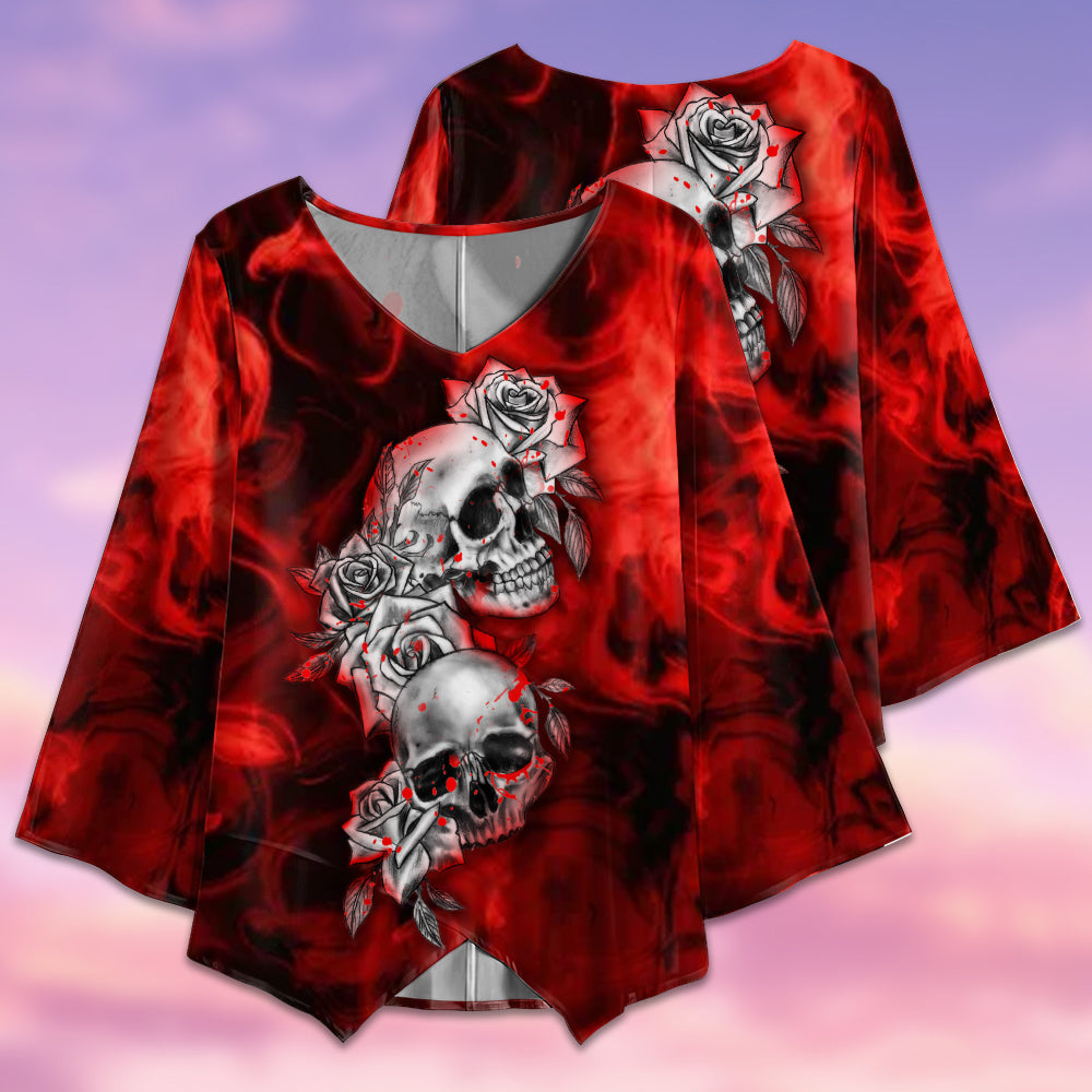 Skull Flower Blood Style - V-neck T-shirt - Owls Matrix LTD