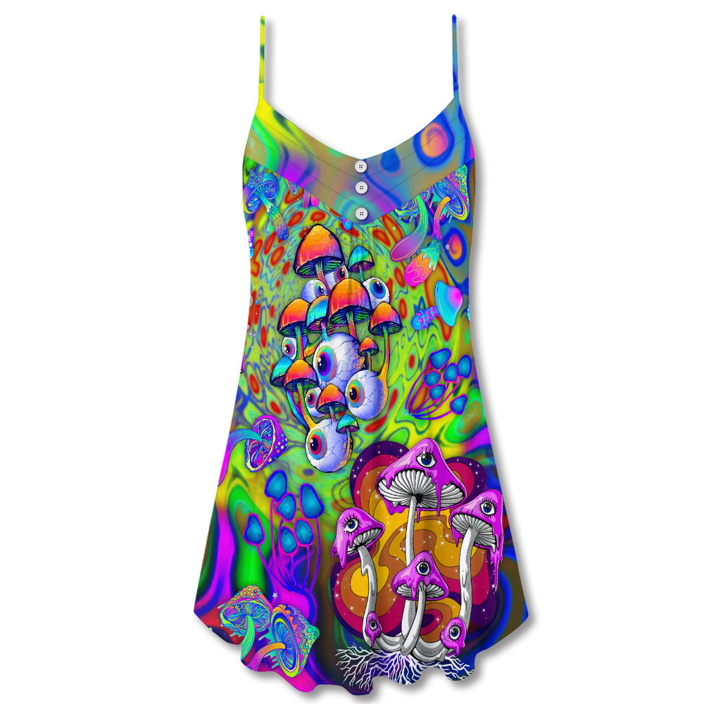 Hippie Mushroom Stay Trippy Little Hippie Colorful - V-neck Sleeveless Cami Dress - Owls Matrix LTD