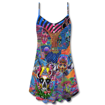 Hippie Love Life Mix Color Skull - V-neck Sleeveless Cami Dress - Owls Matrix LTD