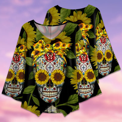 Sugar Skull Sunflower Pattern Style - V-neck T-shirt - Owls Matrix LTD