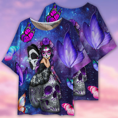 Sugar Skull Butterfly Lighting Style - Women's T-shirt With Bat Sleeve - Owls Matrix LTD