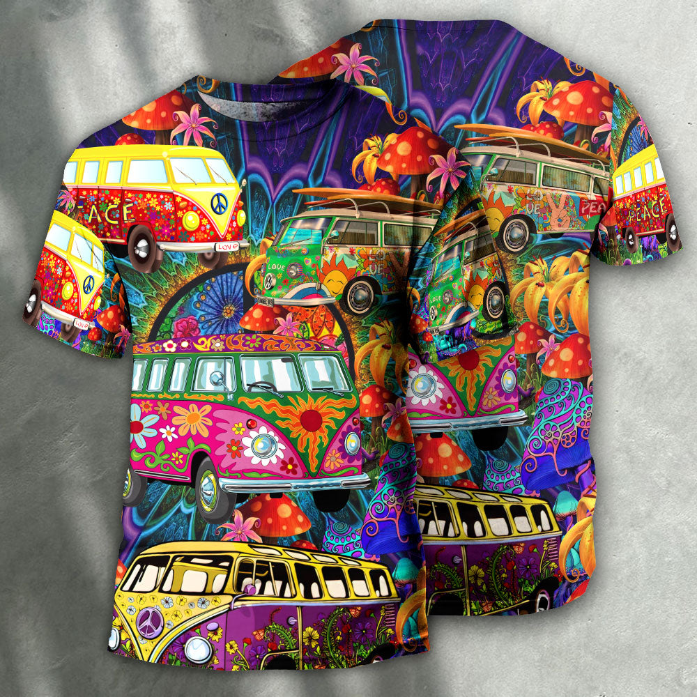 Hippie Van Colorful Vans On The Way - Round Neck T-shirt - Owls Matrix LTD