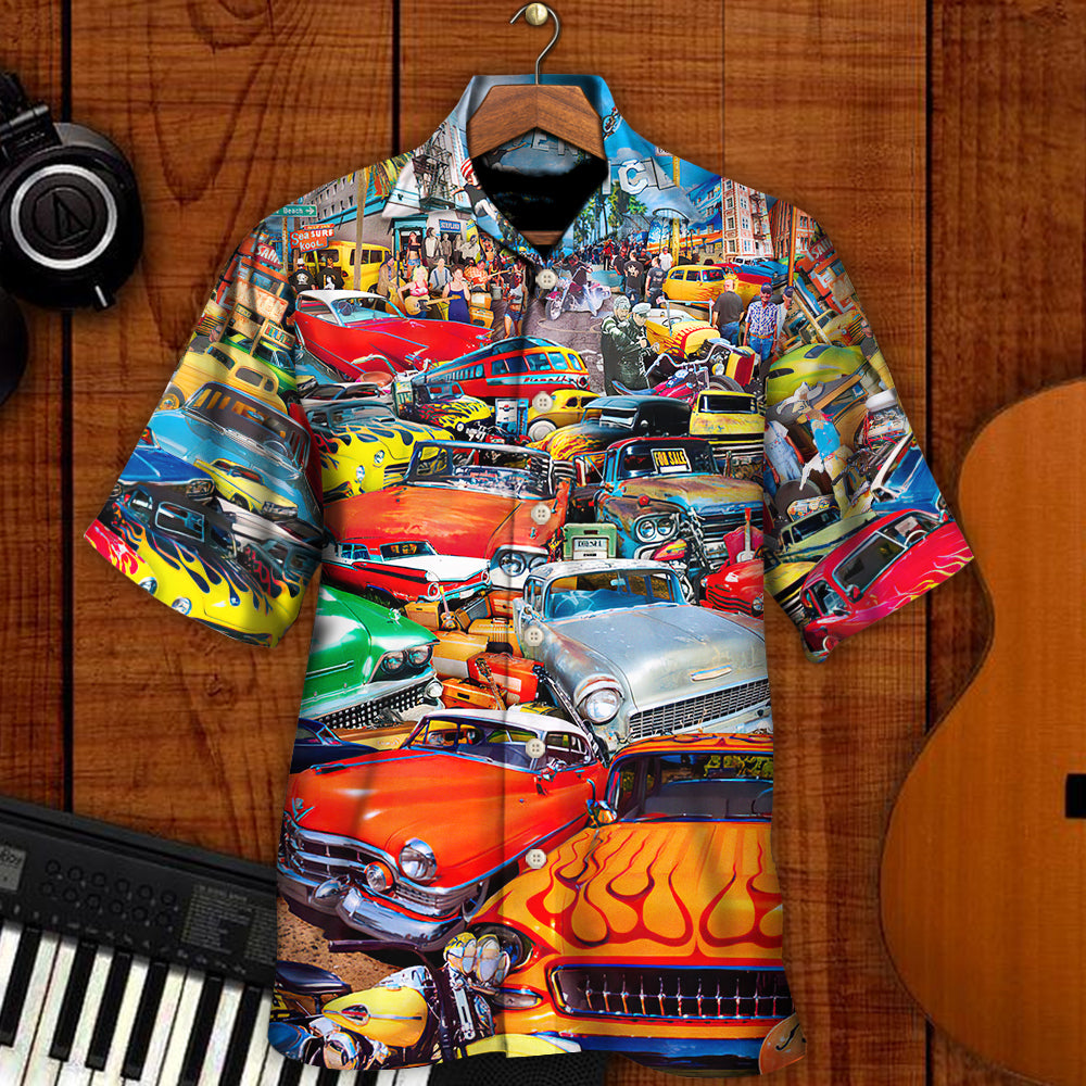 Car Retro Guitar Palm Trees - Hawaiian Shirt - Owls Matrix LTD