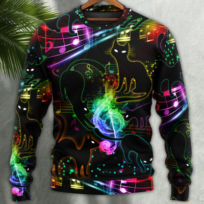 Black Cat The Magical Light Cats On Music Notes - Sweater - Ugly Christmas Sweaters - Owls Matrix LTD