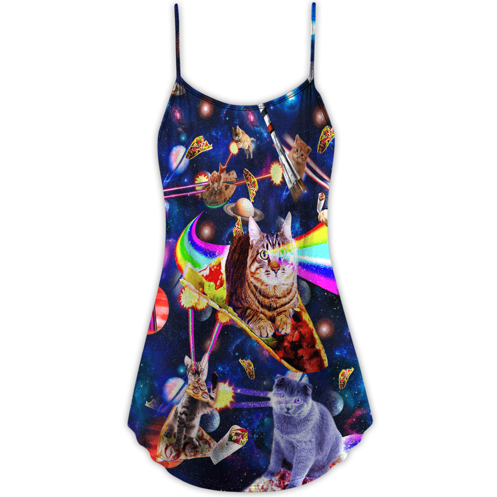 Cat Ride Food In Space Galaxy - V-neck Sleeveless Cami Dress - Owls Matrix LTD