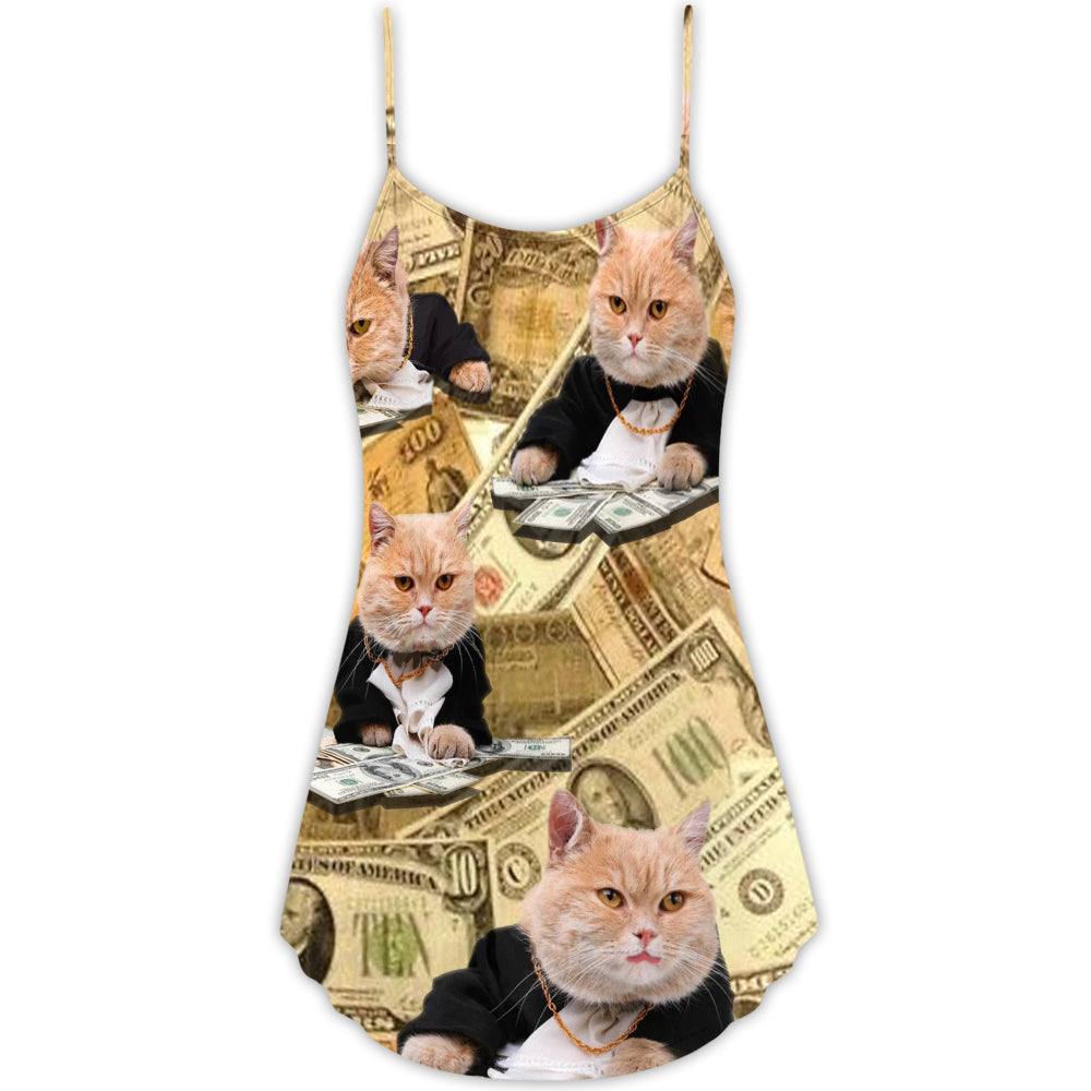 Cat Money Vintage Style - V-neck Sleeveless Cami Dress - Owls Matrix LTD