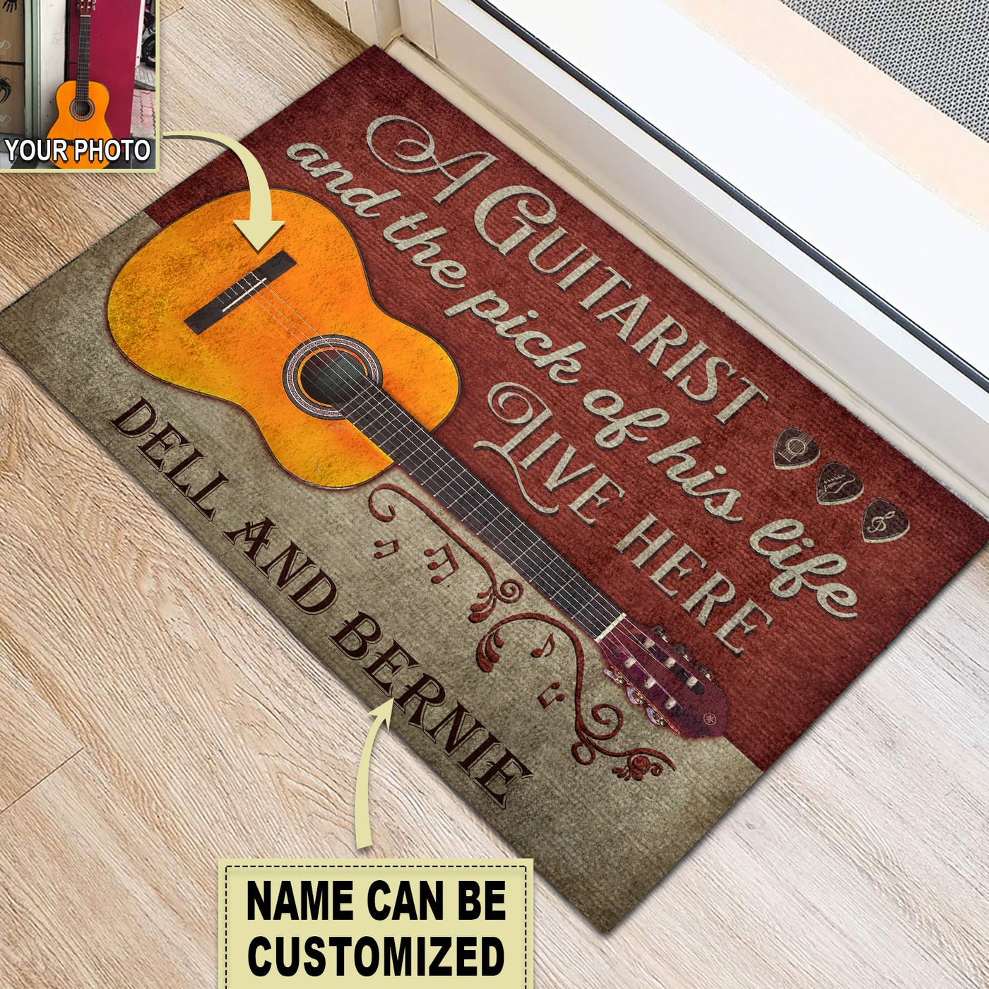 Guitar Red Old Couple Live Here Custom Photo Personalized - Doormat - Owls Matrix LTD