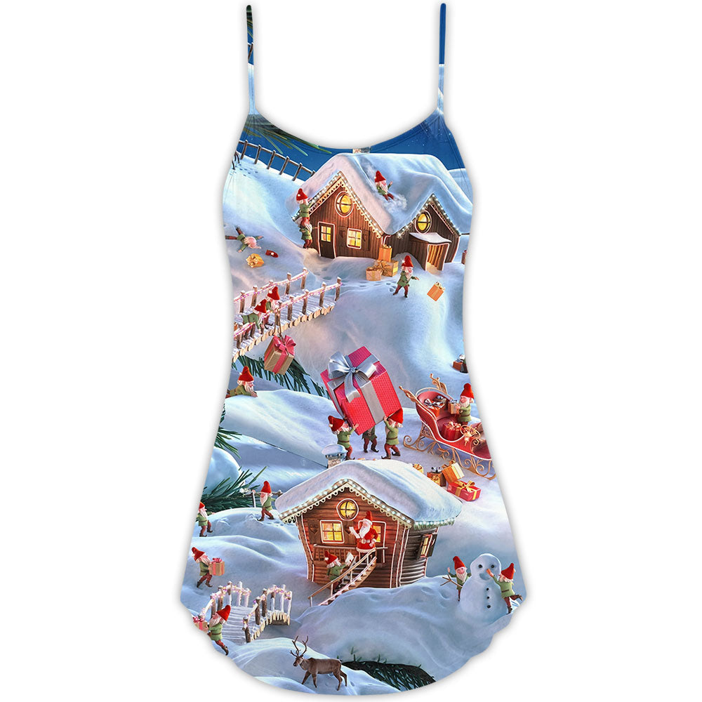 Christmas Santa And Gnome Merry Xmas - V-neck Sleeveless Cami Dress - Owls Matrix LTD
