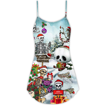 Skull Christmas Xmas Snow Vibe - V-neck Sleeveless Cami Dress - Owls Matrix LTD
