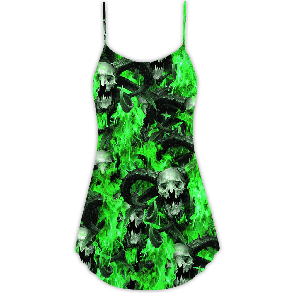 Skull Green Flame Burn - V-neck Sleeveless Cami Dress - Owls Matrix LTD