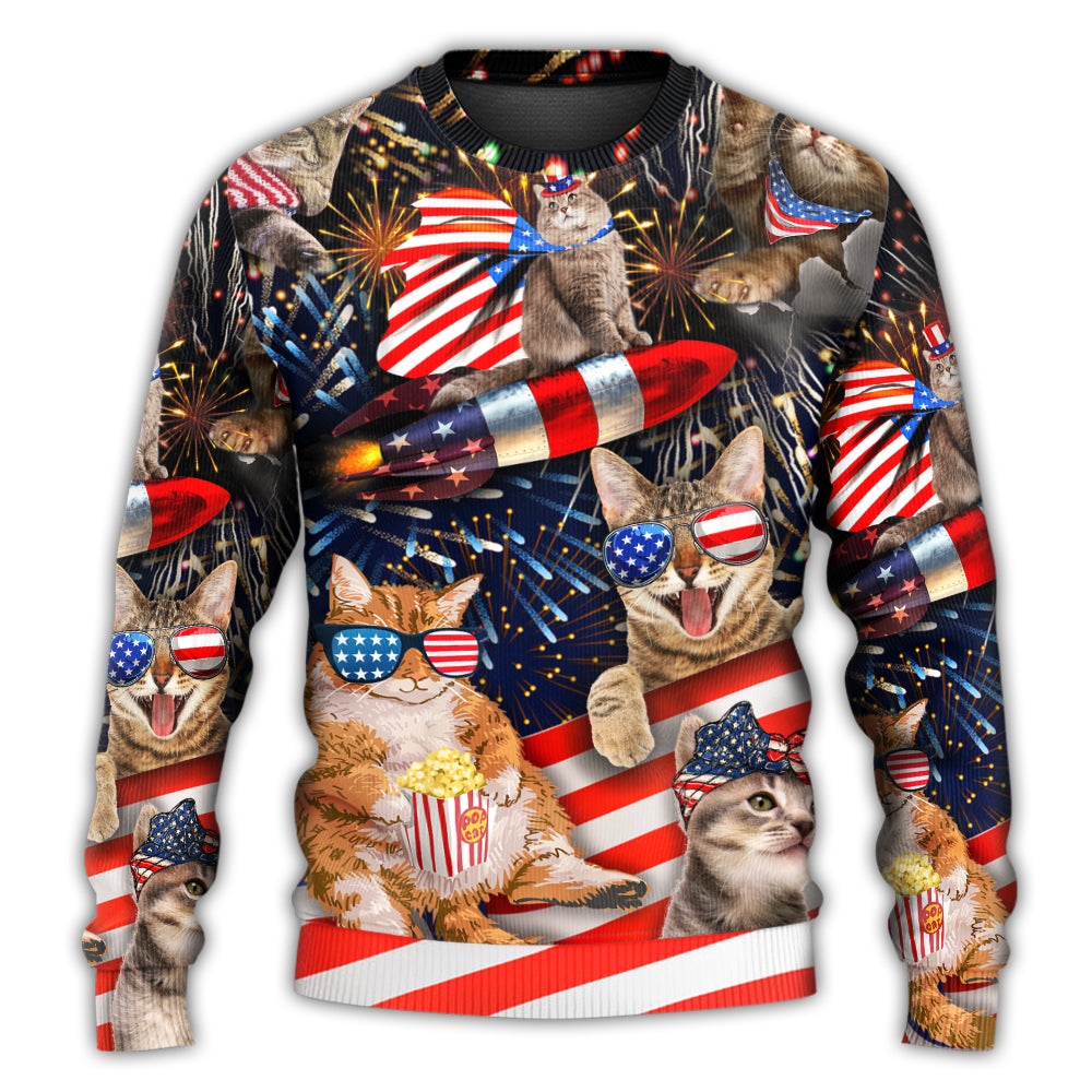 Christmas Sweater / S Cat Independence Day Happy Firework - Sweater - Ugly Christmas Sweaters - Owls Matrix LTD