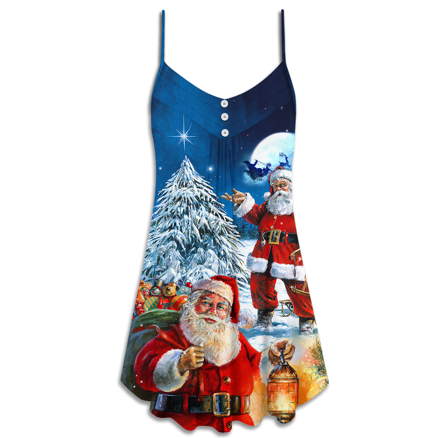 Christmas Santa Claus Story Nights Christmas Is Coming Painting Style - V-neck Sleeve Cami Dress - Owls Matrix LTD