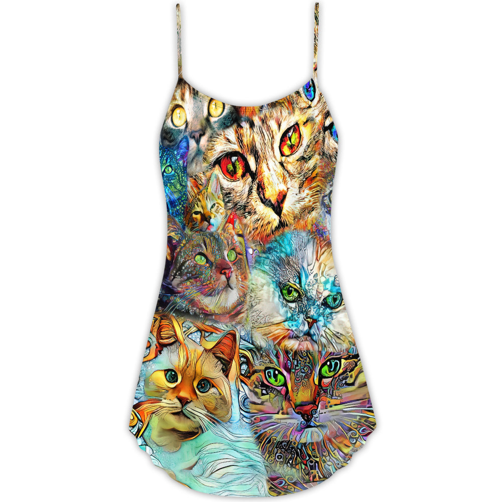 Cat Real Love Cats - V-neck Sleeveless Cami Dress - Owls Matrix LTD