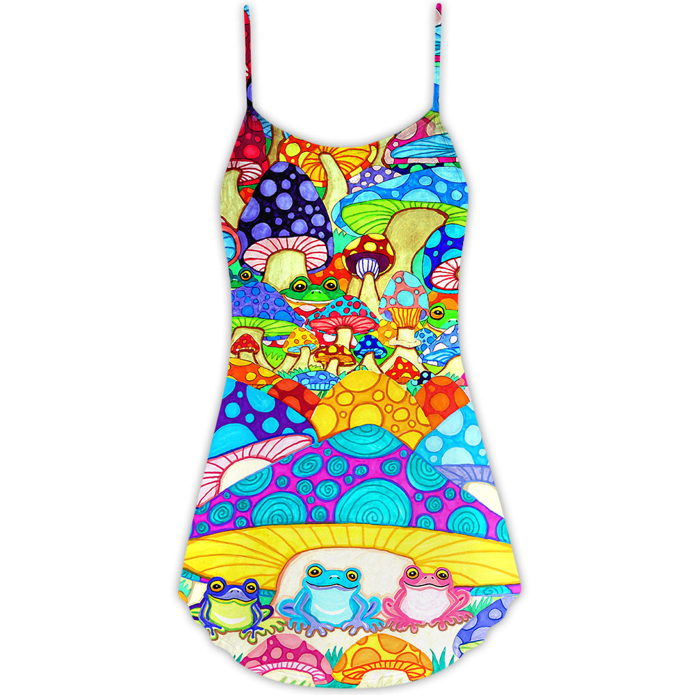 Hippie Frog Mushroom Hippie Colorful Art Peace - V-neck Sleeveless Cami Dress - Owls Matrix LTD