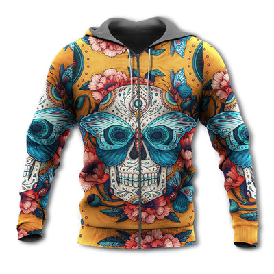 Zip Hoodie / S Skull And Butterfly Abstract Vintage Colorful - Hoodie - Owls Matrix LTD