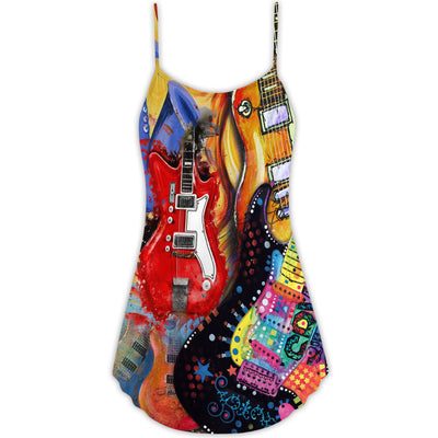 Guitar Galaxy Amazing Background Colorful - V-neck Sleeveless Cami Dress - Owls Matrix LTD