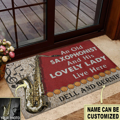 Saxophone Old Couple Live Here Red Custom Photo Personalized - Doormat - Owls Matrix LTD